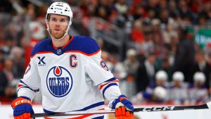 Edmonton Oilers center Connor McDavid (97) during the first period of an NHL hockey game against the New Jersey Devils, Saturday, Oct. 18, 2025, in Newark, N.J. (Noah K. Murray/AP)