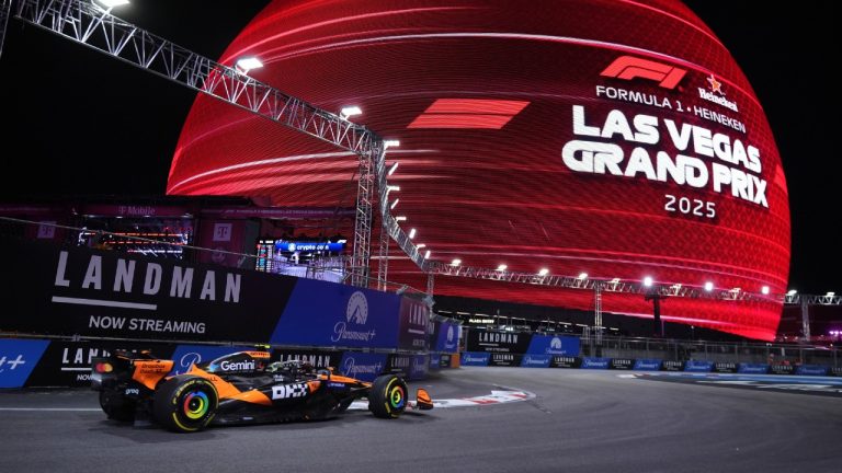 McLaren driver Lando Norris of Great Britain steers through a turn during a practice session for the Formula One U.S. Grand Prix auto race in Las Vegas, Thursday, Nov. 20, 2025. (Eric Gay/AP)