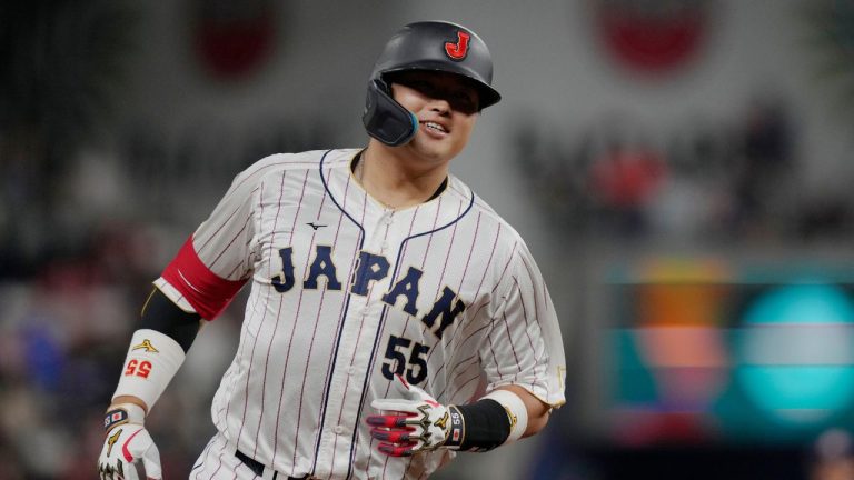 Japan third baseman Munetaka Murakami (55) runs the bases after hitting a home run during the second inning of a World Baseball Classic game against U.S., Tuesday, March 21, 2023, in Miami. (Marta Lavandier/AP)