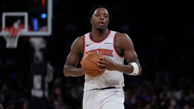 New York Knicks' Og Anunoby (8) during the second half of an NBA basketball game against the Minnesota Timberwolves Wednesday, Nov. 5, 2025, at Madison Square Garden in New York. (Frank Franklin II/AP)
