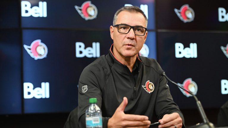 Ottawa Senators general manager and president of hockey operations Steve Staios speaks to reporters ahead of the upcoming 2025-26 NHL season in Ottawa on Wednesday, Sept. 17, 2025. (Spencer Colby/CP)