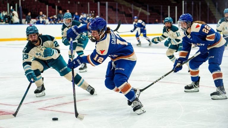 Vancouver Goldeneyes forward Jenn Gardiner carries the puck in the Seattle zone during a preseason game against the Torrent in November 2025. (Photo courtesy of the PWHL)