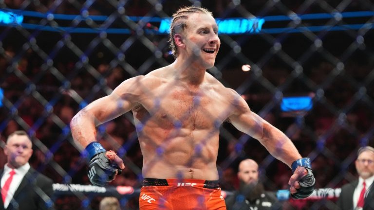 Paddy Pimblett reacts after defeating Michael Chandler during a mixed martial arts fight at UFC 314, Sunday, April 13, 2025, in Miami. (Lynne Sladky/AP)