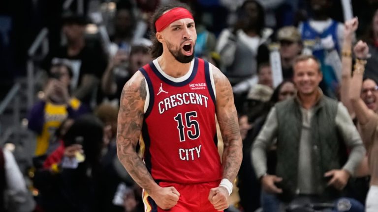New Orleans Pelicans guard Jose Alvarado (15) reacts in the final seconds of the second half of an NBA basketball game against the Charlotte Hornets, Tuesday, Nov. 4, 2025, in New Orleans. (AP Photo/Gerald Herbert)