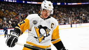 Pittsburgh Penguins' Sidney Crosby skates during a break in a NHL Global Series hockey game against the Nashville Predators, Friday, Nov. 14, 2025, in Stockholm, Sweden. (Henrik Montgomery/TT News Agency via AP)