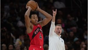 Toronto Raptors' Scottie Barnes (4) prepares to inbound the ball as head coach Darko Rajakovic, right, calls directions during the second half of an NBA basketball game against the Cleveland Cavaliers in Cleveland, Thursday, Nov. 13, 2025. (Phil Long/AP)