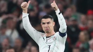 Portugal's Cristiano Ronaldo leaves the pitch after being shown a red card during a World Cup 2026 group F qualifying soccer match between Ireland and Portugal in Dublin, Thursday, Nov. 13, 2025. (Peter Morrison/AP)