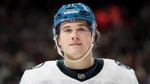 San Jose Sharks center Macklin Celebrini reacts during the third period of an NHL hockey game against the Minnesota Wild, Sunday, Oct. 26, 2025, in St. Paul, Minn. (Ellen Schmidt/AP)