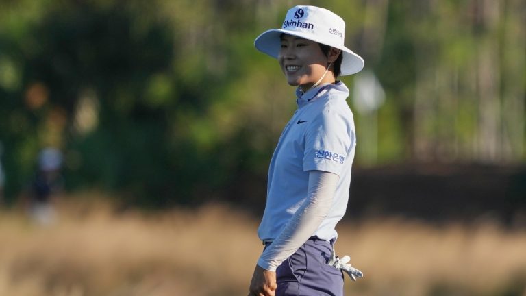 Somi Lee of Korea smiles at the end of the first round of the LPGA Tour Championship golf tournament, Thursday, Nov. 20, 2025, in Naples, Fla. (AP Photo/Marta Lavandier)