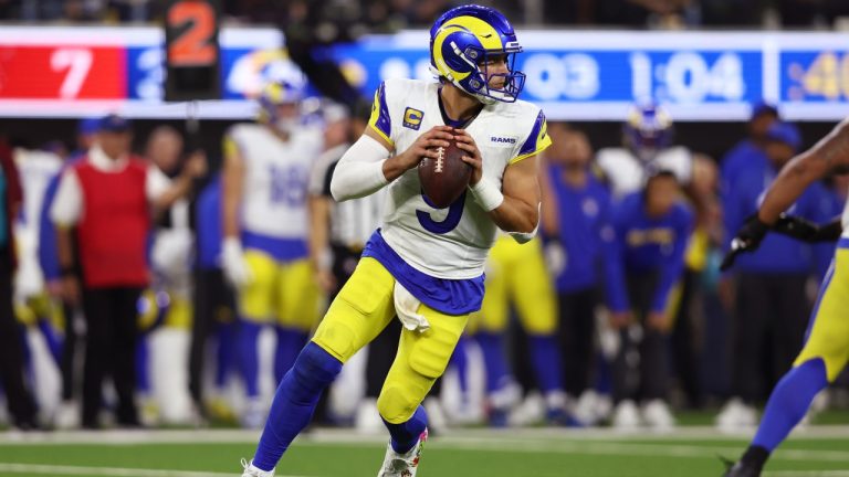 Los Angeles Rams quarterback Matthew Stafford (9) looks to pass against the Tampa Bay Buccaneers during the second half of an NFL football game Sunday, Nov. 23, 2025, in Inglewood, Calif. (Jessie Alcheh/AP)
