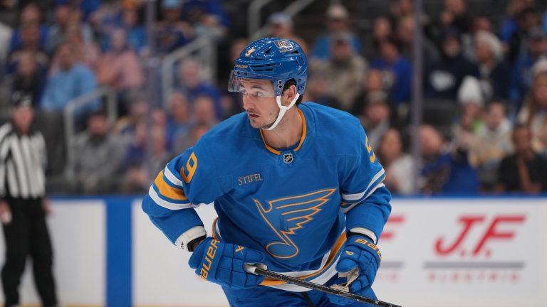 St. Louis Blues' Alexandre Texier in action during the first period of an NHL game against the Los Angeles Kings Tuesday, Oct. 21, 2025, in St. Louis. (AP/Jeff Roberson)