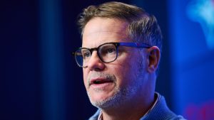 Toronto Blue Jays general manager Ross Atkins speaks during an end-of-season media availability in Toronto, on Thursday, Nov. 6, 2025. (Sammy Kogan/CP)