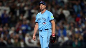Toronto Blue Jays pitcher Max Scherzer looks to his dugout during the sixth inning in Game 4 of baseball's American League Championship Series against the Seattle Mariners, Thursday, Oct. 16, 2025, in Seattle. (Lindsey Wasson/AP)