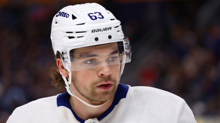 Toronto Maple Leafs left wing Matias MacCelli (63) lines up for a faceoff during the second period of an NHL hockey game against the Buffalo Sabres. (Jeffrey T. Barnes/AP)