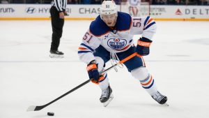 Edmonton Oilers' Troy Stecher (51) during the third period of an NHL hockey game against the New York Rangers Tuesday, Oct. 14, 2025, in New York. (AP Photo/Frank Franklin II)