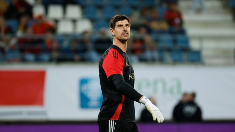 Belgium's goalkeeper Thibaut Courtois during a World Cup 2026 group J qualifying soccer match between Belgium and North Macedonia in Ghent, Belgium, Friday, Oct. 10, 2025. (AP Photo/Geert Vanden Wijngaert)