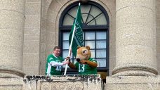 Premier Moe, Roughriders mascot join forces for CFL West final