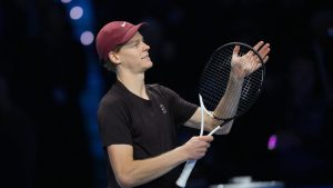 Italy's Jannik Sinner celebrates after winning semifinal tennis match of the ATP World Tour Finals against Australia's Alex de Minaur , in Turin, Italy, Saturday, Nov. 15, 2025. (Antonio Calanni/AP)