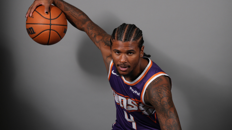 Phoenix Suns guard Jalen Green poses during the NBA team's Media Day in Phoenix, Wednesday, Sept. 24, 2025. (AP Photo/Rick Scuteri)