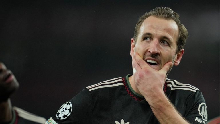 Bayern's Harry Kane reacts after the Champions League opening phase soccer match between Arsenal and Bayern Munich in London, Wednesday, Nov. 26, 2025. (Kin Cheung/AP)