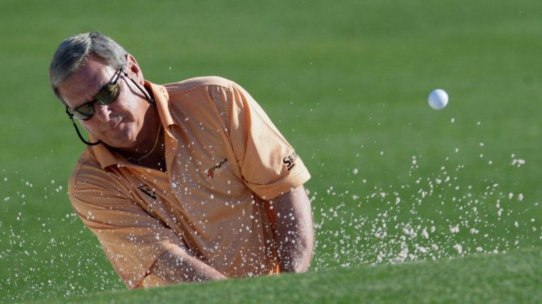 Fuzzy Zoeller hits out of a bunker on the third hole during the first round of the Masters golf tournament at the Augusta National Golf Club in Augusta, Ga., Thursday, April 9, 2009. (David J. Phillip/AP)