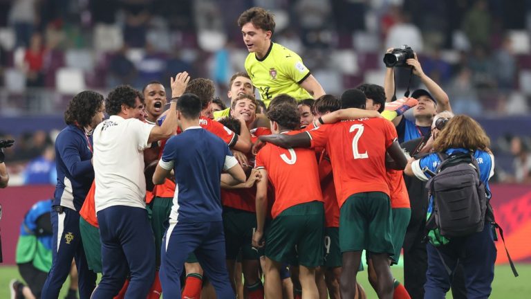 Portugal's players celebrate after winning the FIFA U17 World Cup final soccer match against Austria in Doha, Qatar, on Thursday, Nov. 27, 2025. (Hussein Sayed/AP)