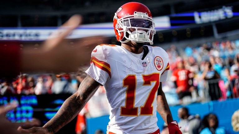 Kansas City Chiefs wide receiver Mecole Hardman enters the field before an NFL football game between the Carolina Panthers and the Kansas City Chiefs, Nov. 24, 2024, in Charlotte, N.C. (AP Photo/Jacob Kupferman)