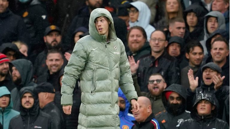 Chelsea's Cole Palmer walks after substitution during an English Premier League match between Manchester United and Chelsea at the Old Trafford stadium in Manchester, England, Saturday, Sept. 20, 2025. (AP Photo/Dave Thompson)