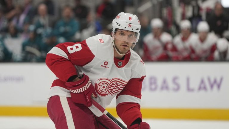 Detroit Red Wings defenseman Ben Chiarot (8) during an NHL hockey game against the San Jose Sharks in San Jose, Calif., Sunday, Nov. 2, 2025. (AP Photo/Jeff Chiu)