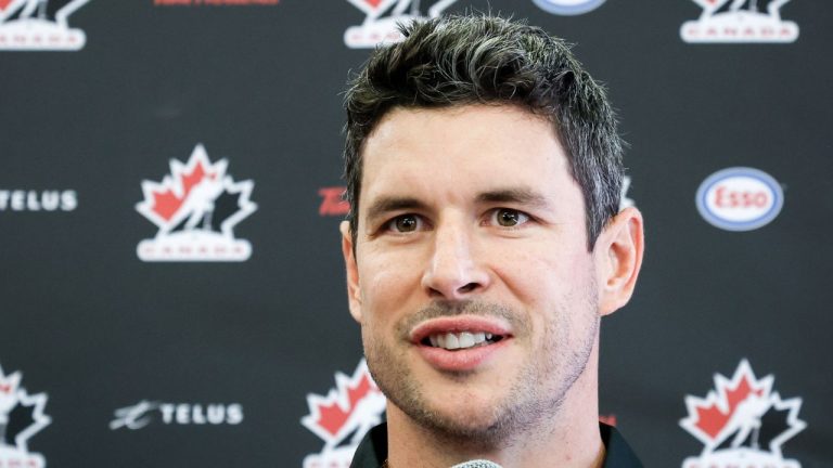 Team Canada hockey player Sidney Crosby speaks to the media at Hockey Canada’s National Teams orientation camp in Calgary, Wednesday, Aug. 27, 2025. (THE CANADIAN PRESS/Jeff McIntosh)