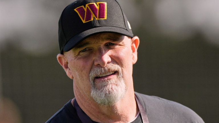 Washington Commanders head coach Dan Quinn during a training session in Madrid, Spain, Wednesday, Nov. 12, 2025, ahead of Sunday's game against the Miami Dolphins. (AP Photo/Bernat Armangue)