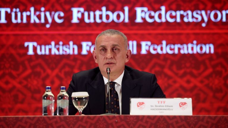 Turkish Football Federation president Ibrahim Haciosmanoglu talks during a news conference, in Istanbul, Turkey, Monday, Oct. 27, 2025. (Samet Yalcin/Dia Photo via AP)