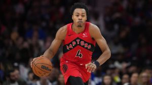 Toronto Raptors' Scottie Barnes plays during an NBA basketball game Saturday, Nov. 8, 2025, in Philadelphia. (AP Photo/Matt Slocum)