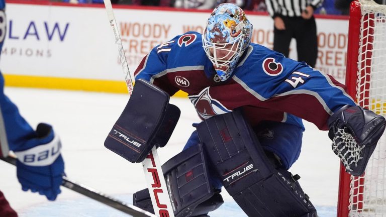Colorado Avalanche goaltender Scott Wedgewood makes a stick save in the second period of an NHL hockey game against the Anaheim Ducks Tuesday, Nov. 11, 2025, in Denver. (David Zalubowski/AP)