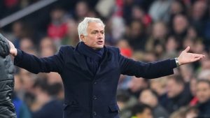 Benfica's head coach Jose Mourinho reacts during the Champions League opening phase soccer match between Ajax and SL Benfica in Amsterdam, Netherlands, Tuesday, Nov. 25, 2025. (Peter Dejong/AP)