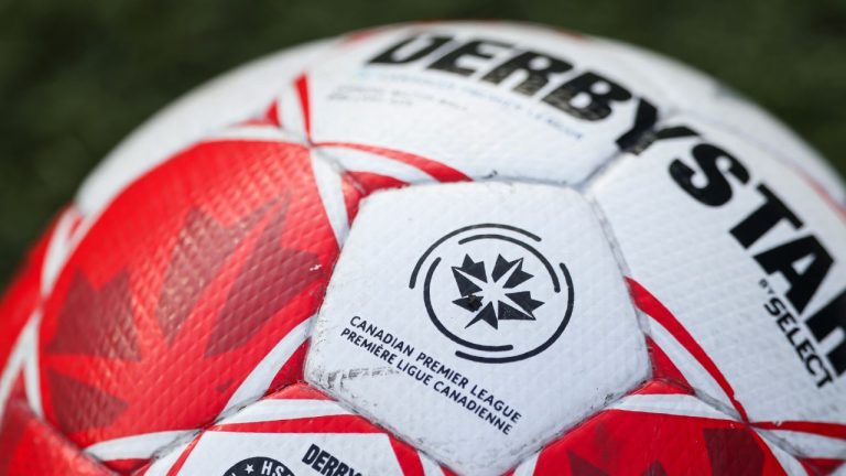 Canadian Premier League logo on a soccer ball ahead of Canadian Championship semi-final soccer action in Hamilton. (Nick Iwanyshyn/CP)