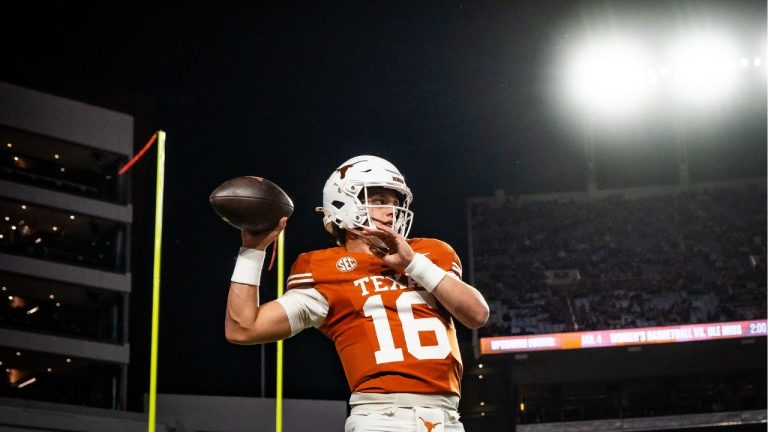 Texas quarterback Arch Manning warms up ahead of an NCAA college football game against Texas A&M in Austin, Texas, Friday, Nov. 28, 2025. (Sara Diggins/AP)