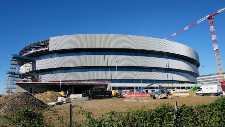 An outside view of the Santa Giulia Ice Hockey Arena, in Milan, where Ice Hockey at the Milan Cortina 2026 Winter Olympics will take place, Friday, Oct. 24, 2025. (Luca Bruno/AP)