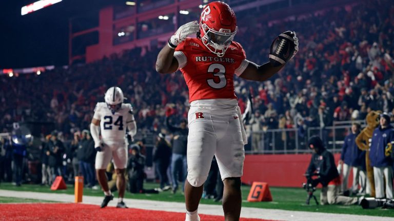 Rutgers running back Antwan Raymond reacts to scoring a touchdown during the second half of an NCAA college football game against Penn State, Saturday, Nov. 29, 2025, in Piscataway, N.J. (Adam Hunger/AP)