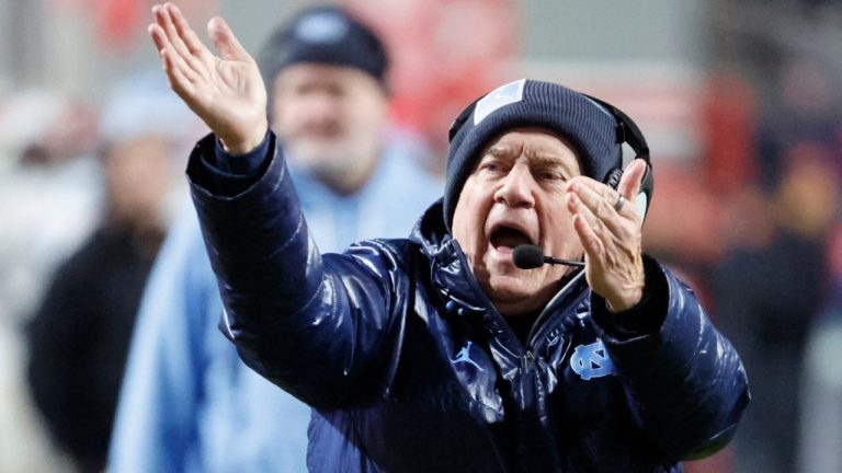North Carolina head coach Bill Belichick protests a call during the second half of an NCAA college football game against North Carolina State in Raleigh, N.C., Saturday, Nov. 29, 2025. (AP Photo/Karl DeBlaker)