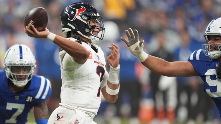 Houston Texans quarterback C.J. Stroud (7) throws a pass against the Indianapolis Colts during the second half of an NFL football game Sunday, Nov. 30, 2025, in Indianapolis. (Michael Conroy/AP)