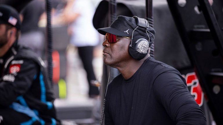 Michael Jordan, co-owner f 23XI Racing, watches his team from pit road during a NASCAR Cup Series auto race at Darlington Raceway, Sunday, April 6, 2025, in Darlington, S.C. (Scott Kinser/AP)