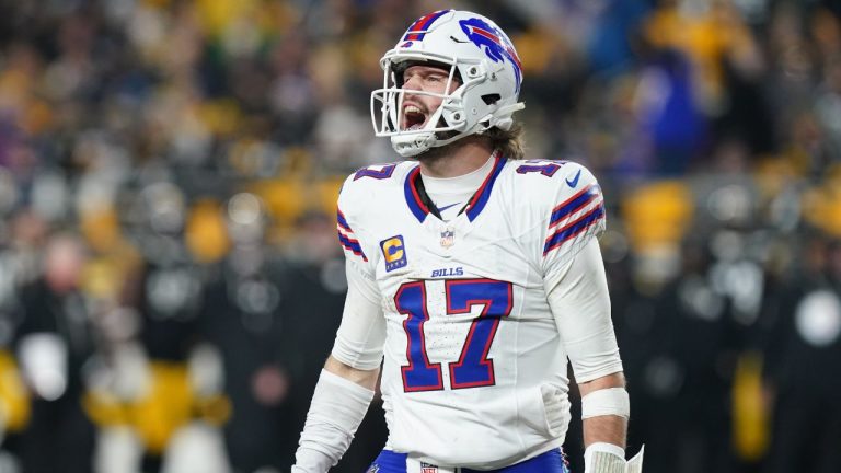 Buffalo Bills quarterback Josh Allen (17) celebrates after a touchdown during the second half of an NFL football game against the Pittsburgh Steelers Sunday, Nov. 30, 2025, in Pittsburgh. (Matt Freed/AP)