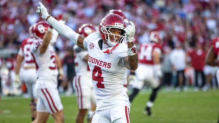 Oklahoma defensive back Courtland Guillory (4) celebrates after Alabama missed a field goal on the final play of the first half in an NCAA college football game, Saturday, Nov. 15, 2025, in Tuscaloosa, Ala. (Vasha Hunt/AP)