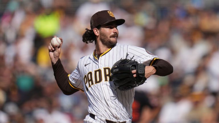 Former San Diego Padres starting pitcher Dylan Cease works against a Baltimore Orioles batter during the second inning of an MLB game Monday, Sept. 1, 2025, in San Diego. (AP Photo/Gregory Bull)