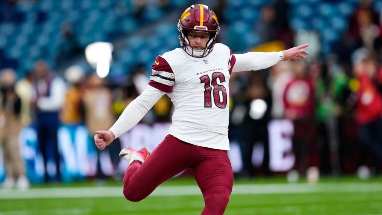 Washington Commanders place kicker Matt Gay (16) warms-up before an NFL football game between the Washington Commanders and the Miami Dolphins in Madrid, Spain, Sunday, Nov. 16, 2025. (AP Photo/Manu Fernandez)