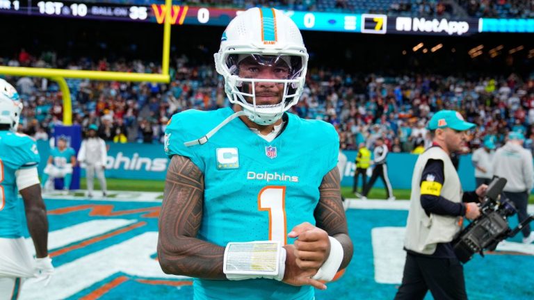 Miami Dolphins quarterback Tua Tagovailoa warms-up before an NFL football game between the Washington Commanders and the Miami Dolphins in Madrid, Spain, Sunday, Nov. 16, 2025. (Manu Fernandez/AP)