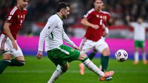 Ireland's Troy Parrott scores his side's second goal during the World Cup 2026 group F qualifying soccer match between Hungary and Ireland in Budapest, Hungary, Sunday, Nov. 16, 2025. (Denes Erdos/AP Photo)
