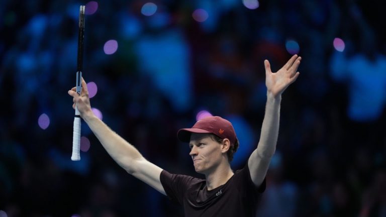 Italy's Jannik Sinner reacts after winning the final tennis match of the ATP World Tour Finals against Spain's Carlos Alcaraz in Turin, Italy, Sunday, Nov. 16, 2025. (Antonio Calanni/AP Photo)