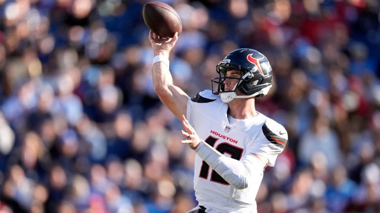 Houston Texans quarterback Davis Mills passes against the Tennessee Titans during the second half of an NFL football game on Sunday, Nov. 16, 2025, in Nashville, Tenn. (George Walker IV/AP Photo)